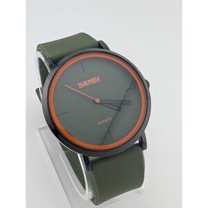 SKMEI Men's Watch Olive Green Silicone Band Black Orange Accents- New Battery